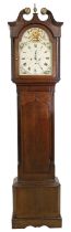 Oak and mahogany eight day longcase clock, the 14" painted arched dial signed Archibald Brownlie,