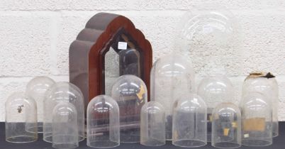 Clock dome and stand, 16.5" high overall; also a quantity of smaller circular glass and plastic