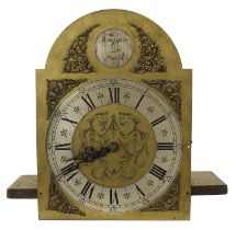 Three train longcase clock movement quarter chiming on eight rods, the 11" brass arched dial