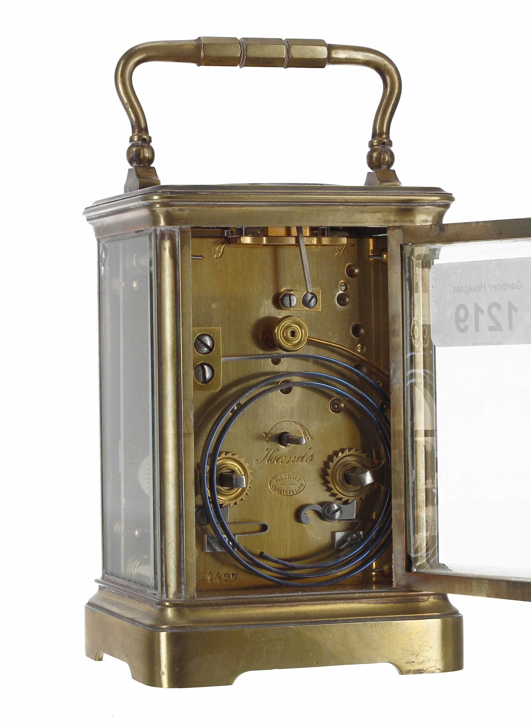 Repeater carriage clock striking on a gong, the movement back plate stamped with the maker's - Image 3 of 3