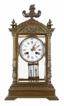 French brass four glass two train mantel clock striking on a bell, the S. Marti movement back