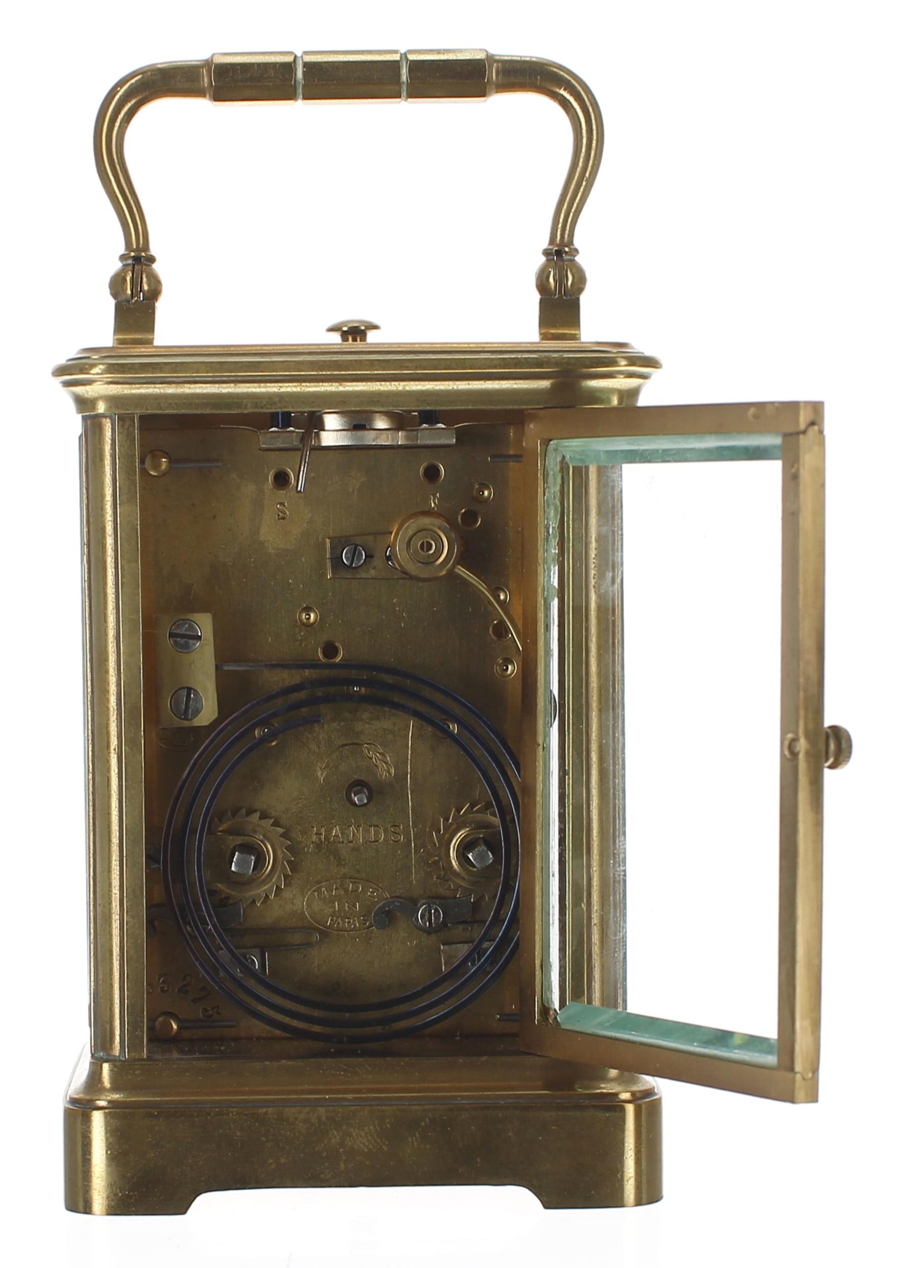 Small French repeater carriage clock striking on a gong, the movement back plate stamped with the - Image 4 of 4