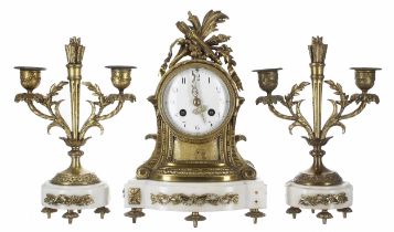 French ormolu and white marble two train mantel clock garniture striking on a bell, the 3.5" white
