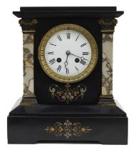 Attractive French black slate and coloured marble two train mantel clock, the Japy Freres movement