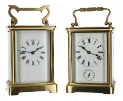 Carriage clock timepiece with alarm striking on a bell in the base, within a corniche brass case,