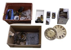 Quantity of assorted clock parts; to include dials, bezels, three small seat boards, large bell,