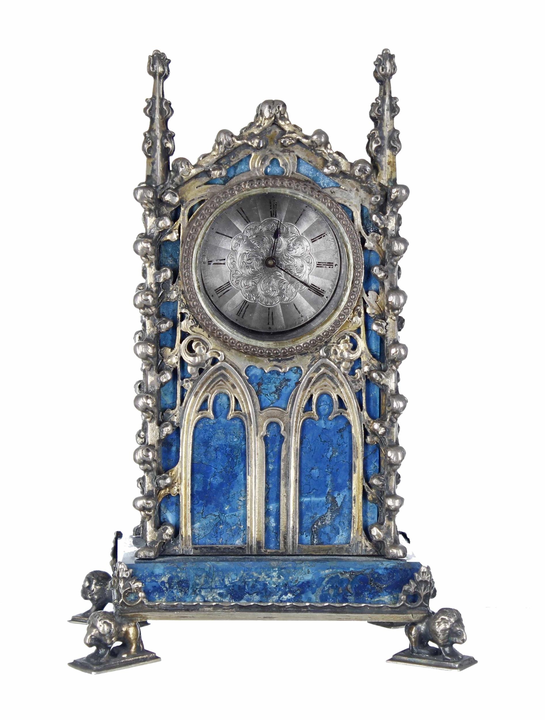 Attractive miniature silvered lapis lazuli gothic mantel clock timepiece with later movement, within