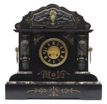 Good French black slate and coloured marble two train mantel clock, the Mougin movement striking