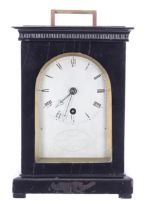 Good small English ebonised single fusee campaign table clock, the 3" silvered arched dial signed
