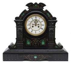 Fine French black marble and malachite inset two train mantel clock, the S. Marti movement