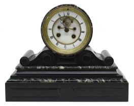 French black slate and green marble small drumhead two train mantel clock striking on a bell, the