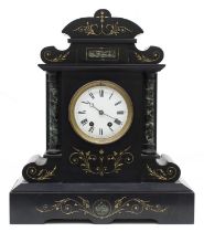 French black slate and green marble two train mantel clock striking on a gong, the 4.75" white