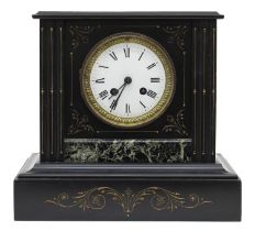 French black slate and green marble two train mantel clock, the movement with outside countwheel