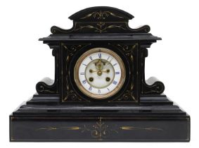 French black slate two train mantel clock striking on a bell, the 3.75" white chapter ring enclosing