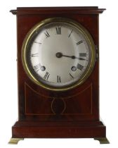 Good small mahogany inlaid two train bracket clock with bracket, the movement striking on a gong,