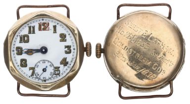 Interesting early 9ct wire-lug wristwatch, the case back with inscription of Military interest