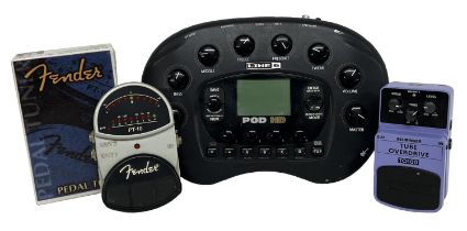 Line 6 Pod HD guitar effects unit; together with a Fender PT-10 pedal tuner, boxed and a Behringer