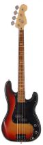 1973 Fender Precision bass guitar with replacement neck, made in USA; Body: sunburst finish, dings