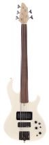 Ricky Gardiner - modified 1987 Aria Pro II fretless five string bass guitar; Body: original Aria Pro