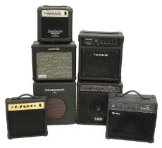 Seven various practice amplifiers to include a Behringer Thunderbird BX108, a Laney LA20C acoustic