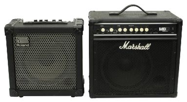 Roland Cube 30X guitar amplifier; together with a Marshall MB Series B30 bass guitar amplifier (