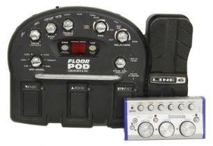 Line 6 Floor Pod guitar effects pedal; together with a Korg Ampworks modelling signal processor