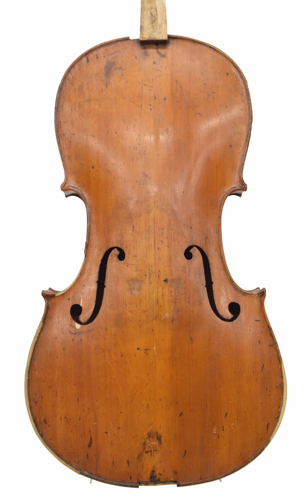 19th century violoncello, partially restored and with new replacement rib to the upper bass side