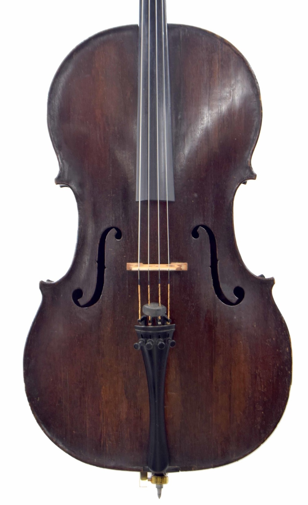 Very interesting 18th century violoncello, unlabelled, the two piece back of faint medium curl