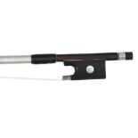 Interesting violin bow, unstamped, the stick round, the ebony frog with silver ferrule and inlaid