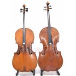 Two full size violoncellos in need of restoration, two hard cases (2)