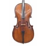 Early 20th century German three-quarter size violoncello, 27 3/4", 70.50cm, bow, soft case