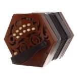 C. Jones two row Anglo concertina with brass reeds, twenty-one bone buttons on pierced mahogany ends