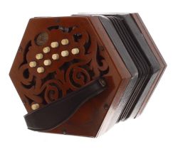 C. Jones two row Anglo concertina with brass reeds, twenty-one bone buttons on pierced mahogany ends