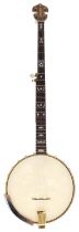 Ode long neck model five string banjo with Jerry Webb open back body, with geometric mother of pearl