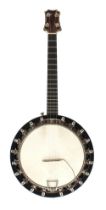 Good contemporary ukulele banjo with electric pickup, mahogany boxwood banded resonator and 9" skin,