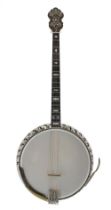 Bacon & Day Silver Bells four string banjo, bearing the maker's trademark stamps on the perch rod