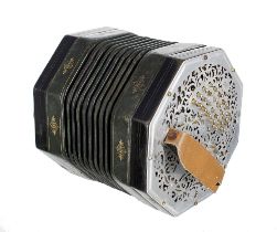 Anglo concertina designed, made by and stamped R. Carr, Maker, with sixty-two metal buttons on