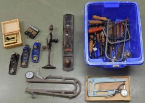 Quantity of instrument making tools including two thickness gauges, planes and chisels etc