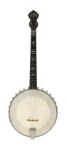 Lyon & Healy tenor banjo, bearing the maker's oval plaque screwed to the inside of the pot wall