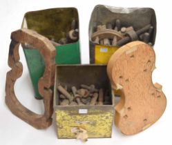 Quantity of various old wooden closing clamps; also two violin making wooden moulds