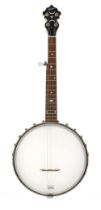 Modern Saga five string open back banjo, with 11" skin and mother of pearl dot markers to the