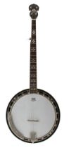 Barnes & Mullins five string banjo, with mahogany banded resonator, 11" skin and geometric mother of