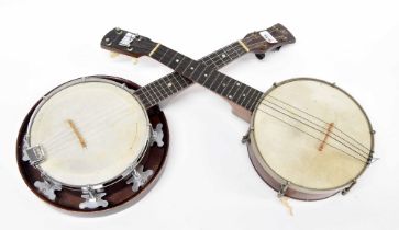 B & M ukulele banjo, with sunburst resonator and 8" skin, case; also an unnamed ukulele banjo with