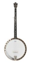 Cooper five string banjo, with 11" skin and mother of pearl diamond marker inlay to the fretboard,
