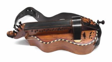 19th century guitar shaped hurdy-gurdy, with satinwood back and sides, chevron banded spruce