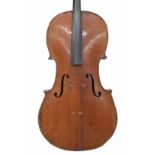 Early 20th century violoncello in need of restoration, 30 1/4", 76.90cm, hard case