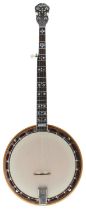 Gibson five string banjo, the maple resonator inlaid with two chequered bands, with 11" skin and