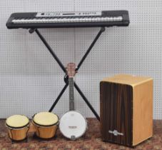 Yamaha YPT-260 digital keyboard (with original packaging); also a modern Kmise ukulele banjo, pair