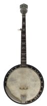 Ibanez five string banjo, with banded ebonised resonator, geometric mother of pearl foliate inlaid