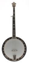 Flinthill five string banjo, with 11" skin, mother of pearl floral inlay to the fretboard and
